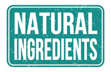 NATURAL İNGREDIENTLER, mavi dikdörtgen mühür işareti üzerine yazılmış kelimeler