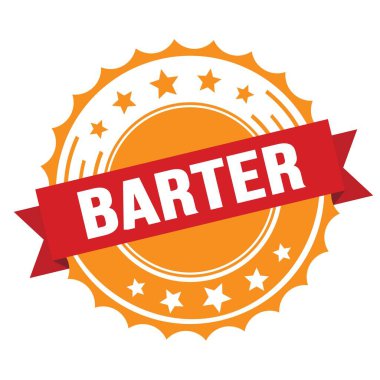 Kırmızı turuncu rozet damgalı BARTER metni.
