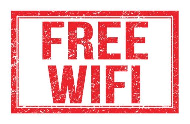 FREE WIFI, kırmızı dikdörtgen mühür işareti üzerine yazılmış kelimeler