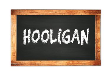 HOOLIGAN text written on black wooden frame school blackboard.
