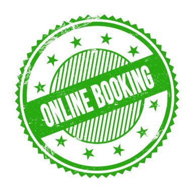 ONLINE BOOKING text written on green grungy zig zag borders round stamp.