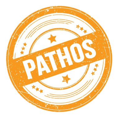 PATHOS text on orange round grungy texture stamp.