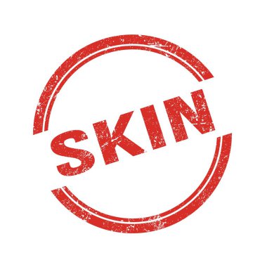 SKIN text written on red grungy vintage round stamp.