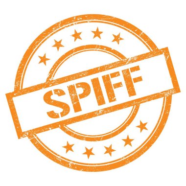 SPIFF text written on orange round vintage rubber stamp.