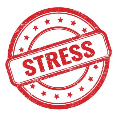 STRESS text on red grungy vintage round rubber stamp.