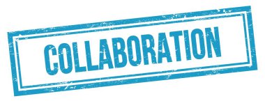 COLLABORATION text on blue grungy vintage rectangle stamp.