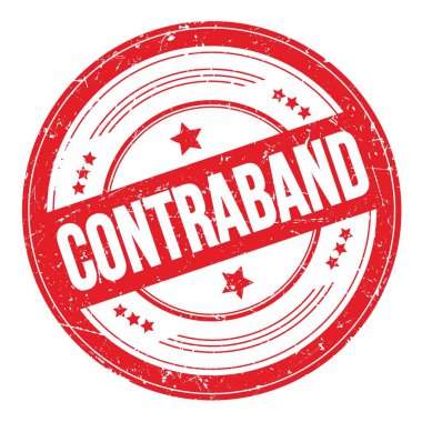 CONTRABAND text on red round grungy texture stamp.