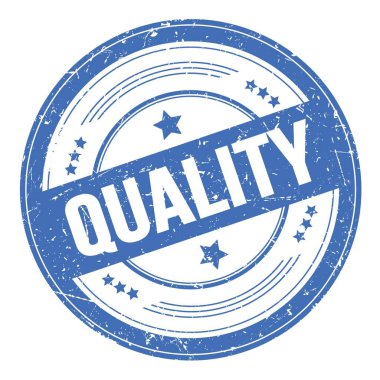 QUALITY text on blue round grungy texture stamp.