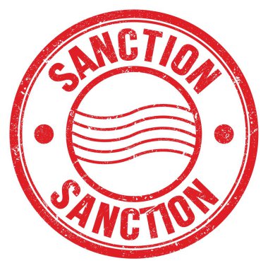 SANCTION word written on red round postal stamp sign