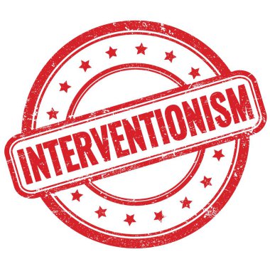 INTERVENTIONISM text on red vintage grungy round rubber stamp.