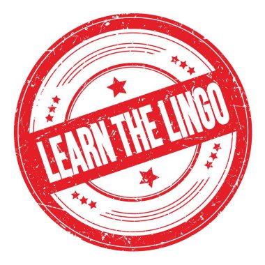 LEARN THE LINGO text on red round grungy texture stamp.