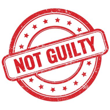 NOT GUILTY text on red vintage grungy round rubber stamp.