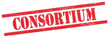 CONSORTIUM text on red grungy rectangle vintage stamp.