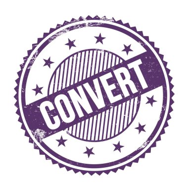 CONVERT text written on purple indigo grungy zig zag borders round stamp.