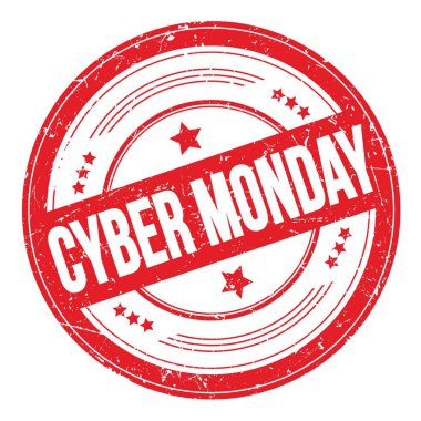 CYBER MONDAY text on red round grungy texture stamp.