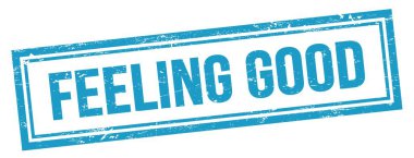 FEELING GOOD text on blue grungy vintage rectangle stamp.