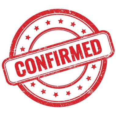 Kırmızı, eski, pasaklı, yuvarlak, lastik damga üzerine KONUŞAN metin.