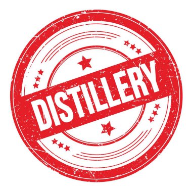 Kırmızı yuvarlak biçimsiz doku damgası üzerine diSTILLERY metin.