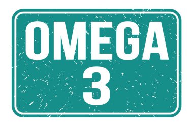 OMEGA 3, mavi dikdörtgen mühür işareti üzerine yazılmış kelimeler