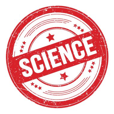 Kırmızı yuvarlak grungy doku damgası üzerine Bilimsel Metin.