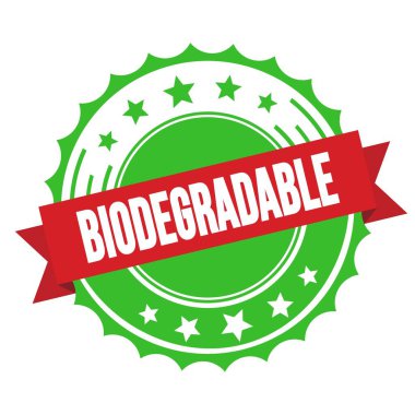 Kırmızı yeşil rozet damgalı BIODEGRADable metni.