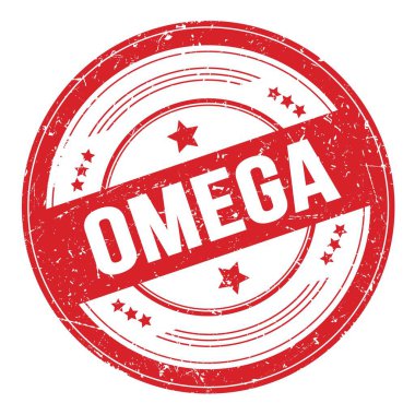 Kırmızı yuvarlak grungy doku damgası üzerine OMEGA metni.