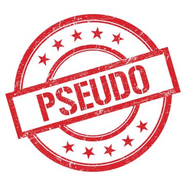 Kırmızı yuvarlak vintage kauçuk damgalı PSEUDO metni.
