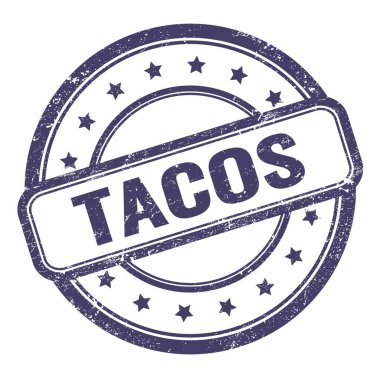 Çivit mavisi grungy vintage lastik damgalı TACOS metni.