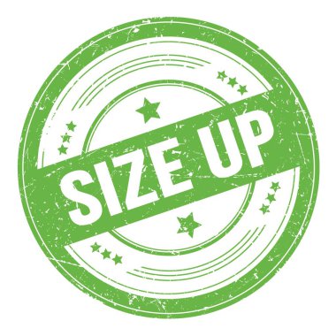 Yeşil yuvarlak grungy desen damgası üzerine SIZE UP metin.