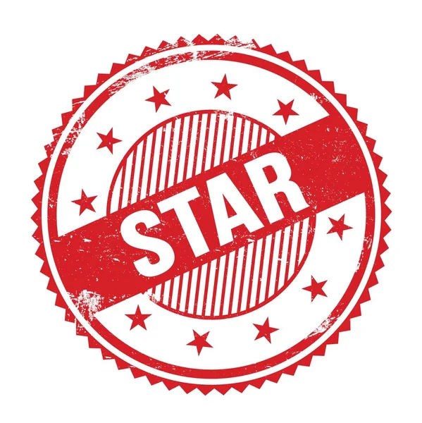 Star Tekst Geschreven Rode Grungy Zig Zag Randen Ronde Stempel — Stockfoto