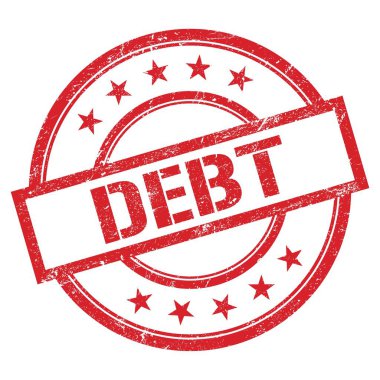 Kırmızı yuvarlak vintage kauçuk damgalı DEBT metni.