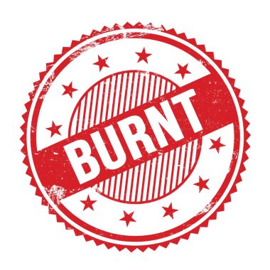Kırmızı grungy zig zag kenarları yuvarlak mühür üzerine yazılmış BURNT metin.