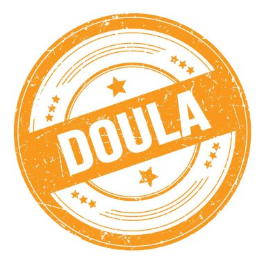 Turuncu yuvarlak grungy doku damgası üzerine DOULA metni.