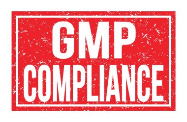 GMP COMPLIANCE, kırmızı dikdörtgen işareti üzerine yazılmış kelimeler