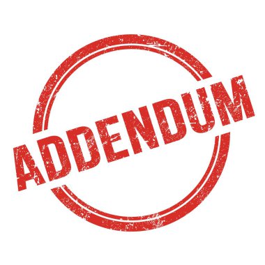 Kırmızı grungy vintage yuvarlak pulu üzerine yazılmış ADDENDUM metni.