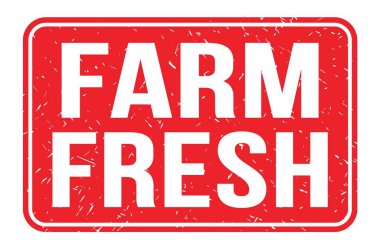 FARM FRESH, kırmızı dikdörtgen mühür işareti üzerine yazılmış kelimeler