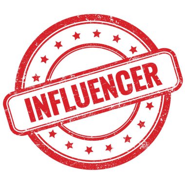 Kırmızı, eski, pasaklı, yuvarlak lastik damgalı INFUENCER metni.