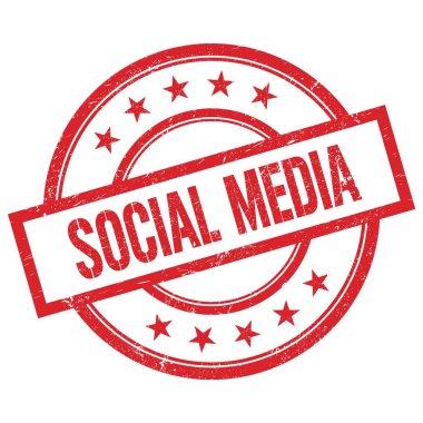 SOSYAL MEDIA kırmızı yuvarlak plastik mühür üzerine yazılmış metin.