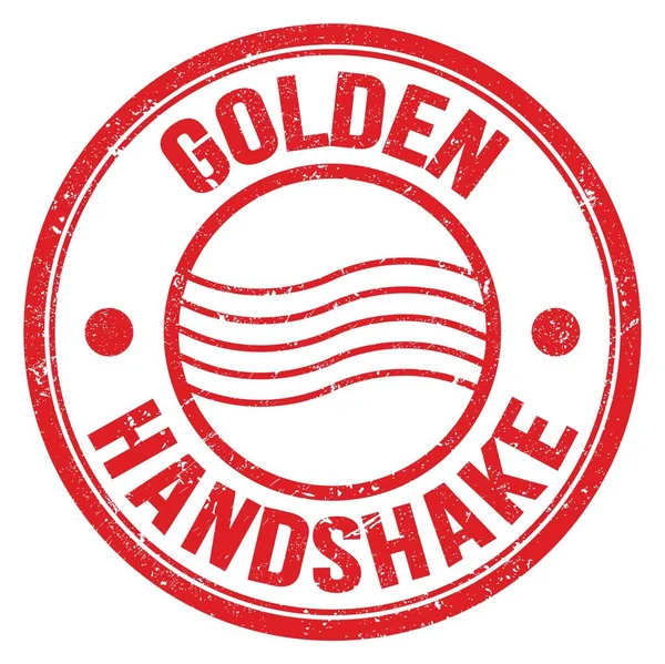 Golden Handshake Tekst Napisany Czerwonym Okrągłym Znaku Pocztowym — Zdjęcie stockowe