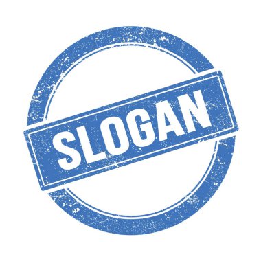 Mavi grungy yuvarlak vintage pul üzerine SLOGAN metin.