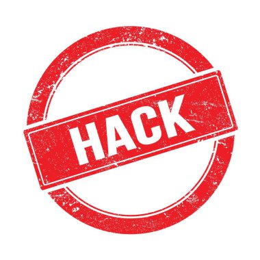 Kırmızı grungy round vintage pulu üzerine hack metni.