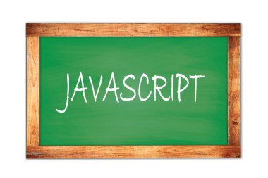 Yeşil ahşap çerçeve okul tahtasına yazılmış JAVASCRIPT metin.