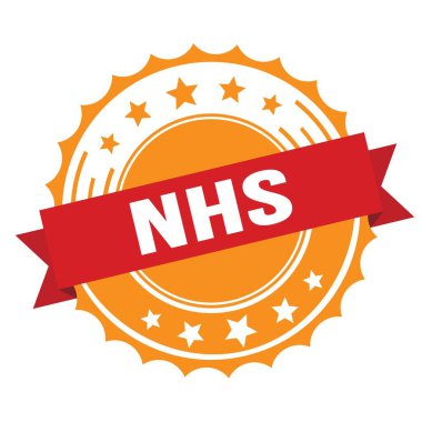Kırmızı turuncu rozet damgalı NHS metni.