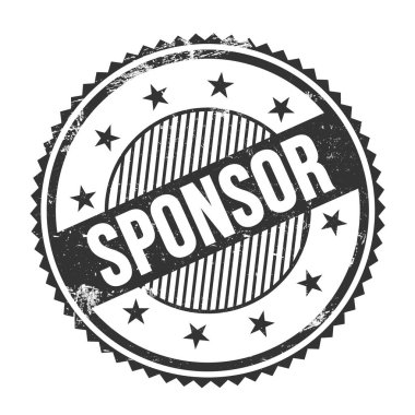 SPONSOR metni siyah grungy zig zag kenarları yuvarlak pul üzerine yazılmış.