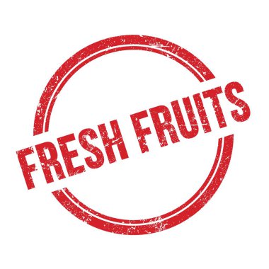 FRESH FRUITS yazı kırmızı grungy vintage yuvarlak pul üzerine yazılmış.