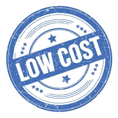 Mavi yuvarlak grungy desen damgası üzerine düşük maliyetli metin.