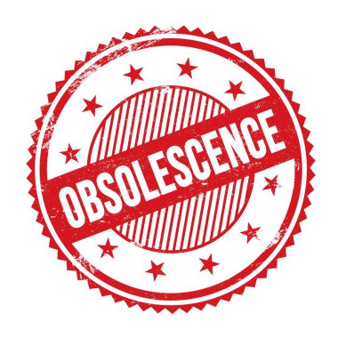 Kırmızı grungy zig zag kenarları yuvarlak mühür üzerine yazılmış OBSOLESCENCE metni.