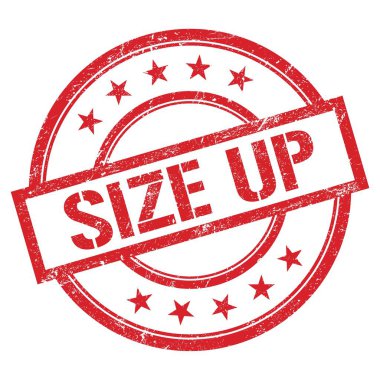 Kırmızı yuvarlak plastik damga üzerine yazılmış SIZE UP metni.