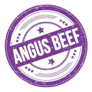 ANGUS BEEF 'in menekşe çivit yuvarlak desen damgalı metni.