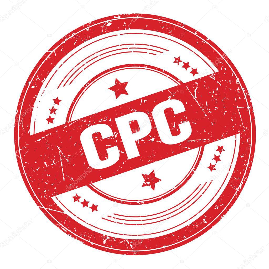 CPC text on red round grungy texture stamp.